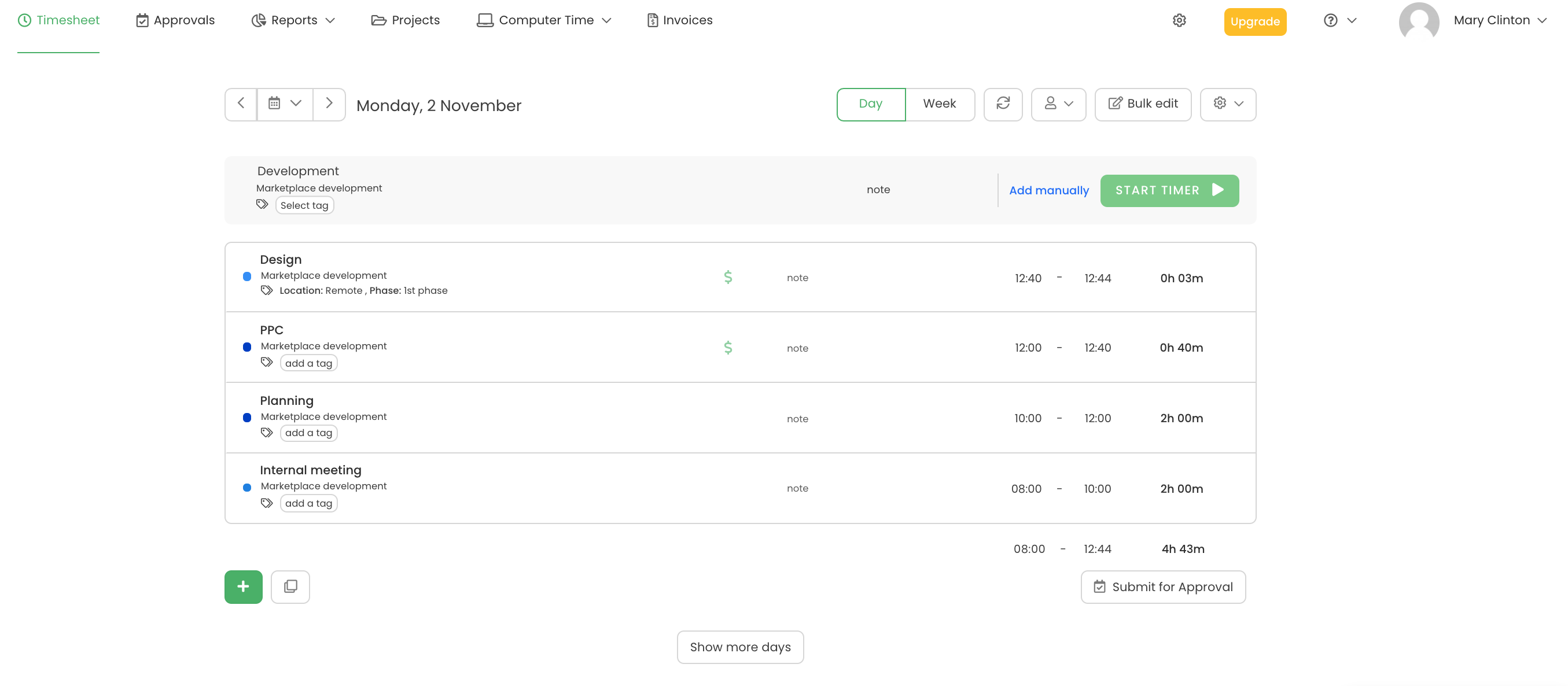 Toggl dashboard with TimeCamp integration